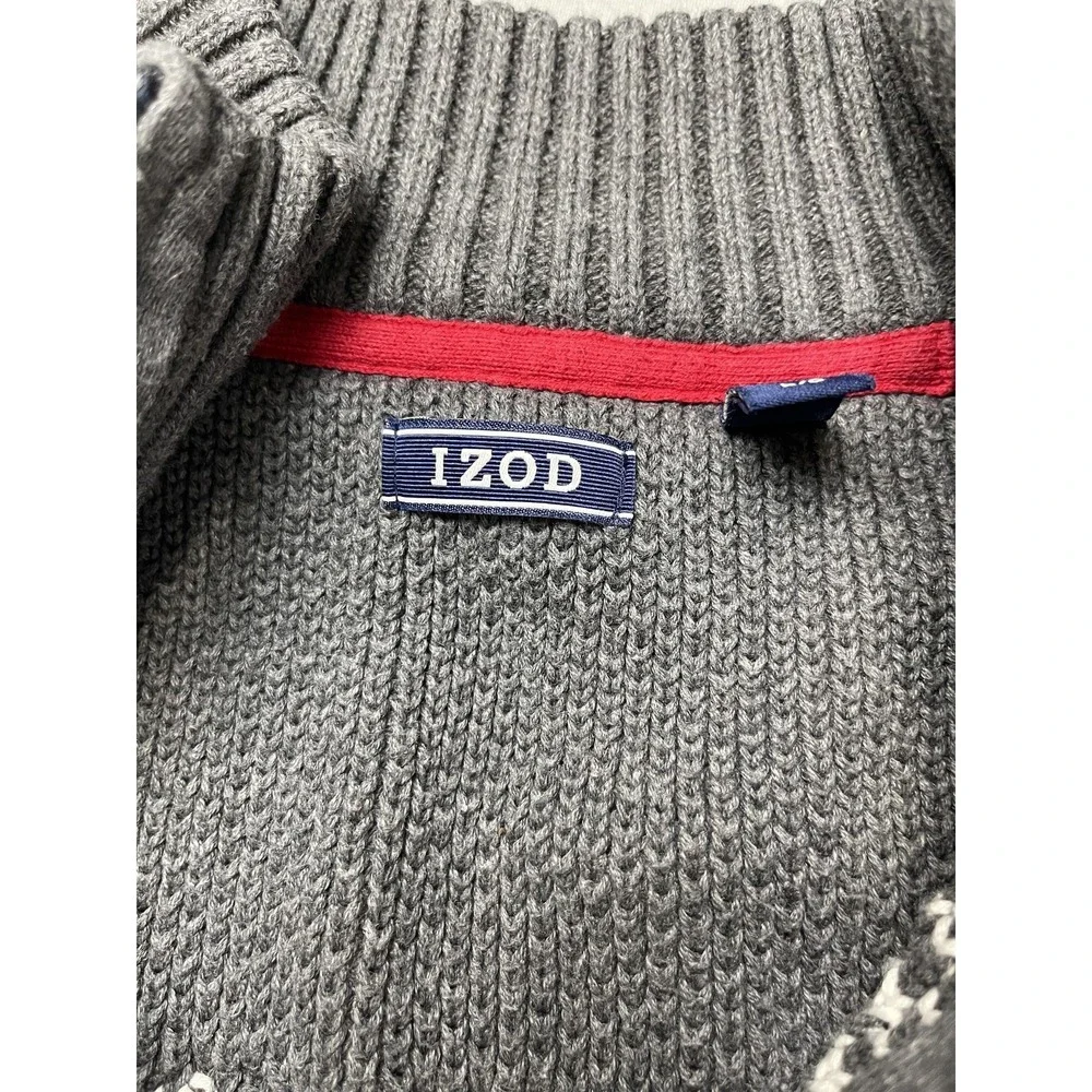 IZOD Mens Sweater Large Fair Isle 1/4 Zip Pullover Chunky Grey Holiday Christmas